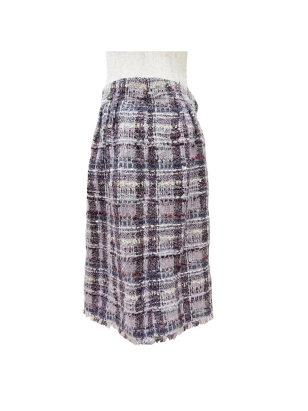 Chanel Coco Button Lame Thread Sequins Mohair Blend Tweed Skirt Purple 36